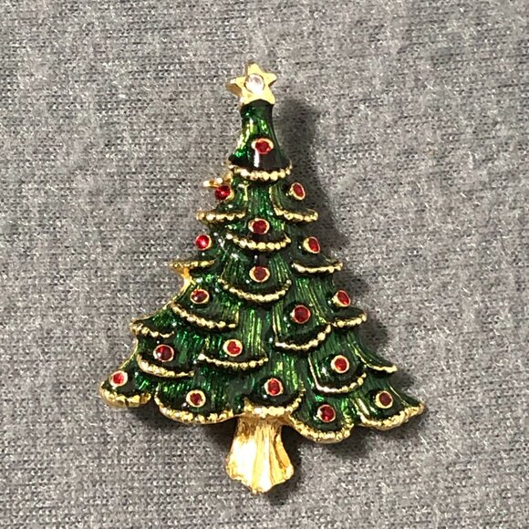 Vintage Christmas Tree Gold Green Red Brooch Pin - Picture 1 of 4